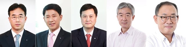 (왼쪽부터)KTB금융그룹 이병철 대표이사 회장, KTB투자증권 최석종 부회장, KTB투자증권 이창근 대표이사 사장, KTB네트워크 신진호 대표이사 부회장, KTB네트워크 김창규 대표이사 사장./사진=KTB금융그룹