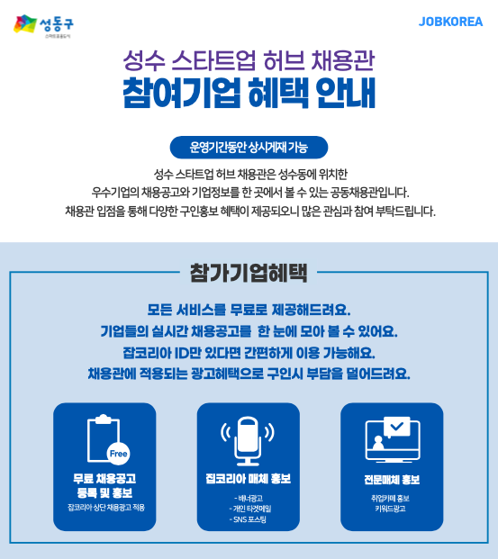 서울 성동구는 이달 3월18일부터 잡코리아에 ‘성수 스타트업 허브 채용관’을 오픈하여 코로나19로 인력채용에 어려움을 겪는 중소기업과 청년 구직자를 연계한다. / 사진제공=성동구