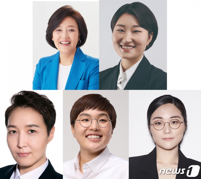 4·7 서울시장 보궐선거에 출마한 여성후보들. 윗줄 왼쪽부터 박영선 더불어민주당 후보, 신지혜 기본소득당 후보. 아랫줄 왼쪽부터 김진아 여성의당 후보, 송명숙 진보당 후보, 신지예 무소속 후보. (중앙선거관리위원회 제공) © 뉴스1