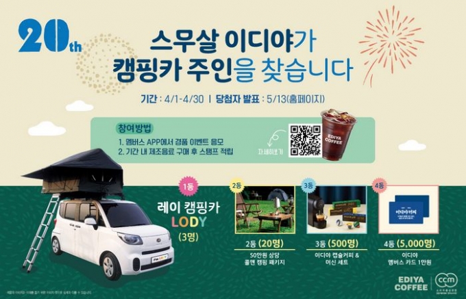 커피 프랜차이즈 이디야커피가 창립 20주년을 맞아 4월 한 달간 2억 원 상당의 통 큰 경품 행사를 진행한다. (이디야커피 제공)