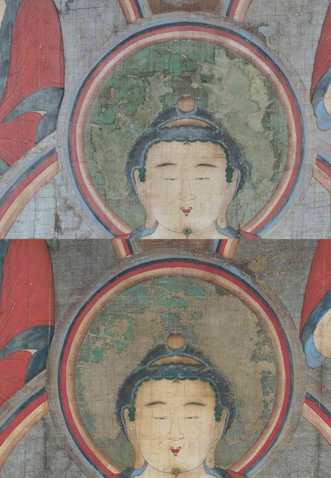 송광사의 '오십삼불도' 복원 전(위쪽) 복원 후 부분사진© 뉴스1