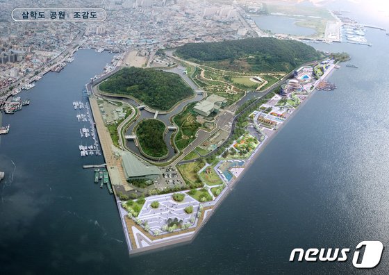 전국 9개 지자체가 유치 경쟁에 뛰어들었던 한국섬진흥원 입지가 14일 전남 목포시 삼학도로 최종 결정됐다. 섬진흥원 조감도/뉴스1