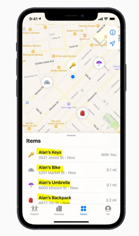 기기와 연결된 에어태그는 'Find My' 앱 내 물품(Items) 탭에 표시돼 지도에서 해당 물품의 현재 또는 마지막 위치를 볼 수 있다. /사진제공=애플