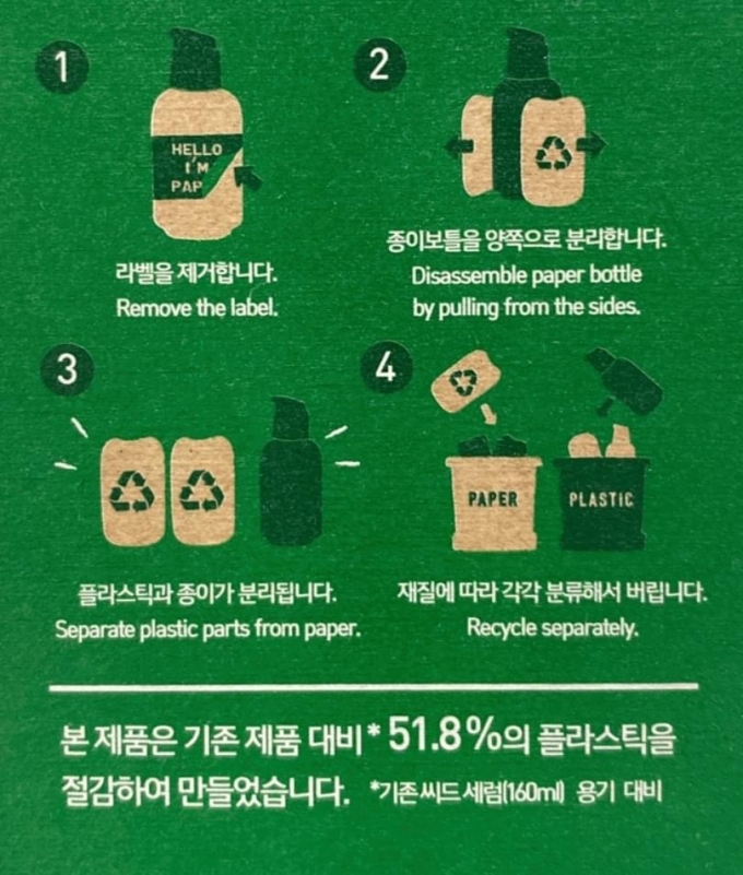 이니스프리 종이보틀 포장재에 분리배출 방법이 안내된 모습. /사진=이니스프리