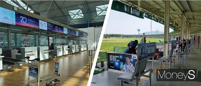 사람 없는 인천국제공항 출국장 모습(좌) 인파 몰린 스카이72 골프연습장(우)./사진=지용준 기자