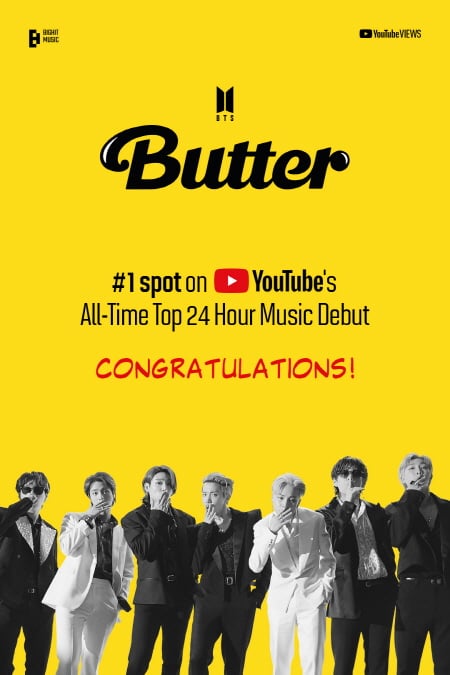 글로벌 아이돌 그룹 방탄소년단(BTS)의 신곡 ‘버터’ 뮤직비디오가 공개 24시간 만에 1억820만 조회수를 기록, 역대 세계 유튜브 뮤직비디오 ‘24시간 최다 조회수’ 기록을 자체 경신했다. /사진=빅히트 뮤직