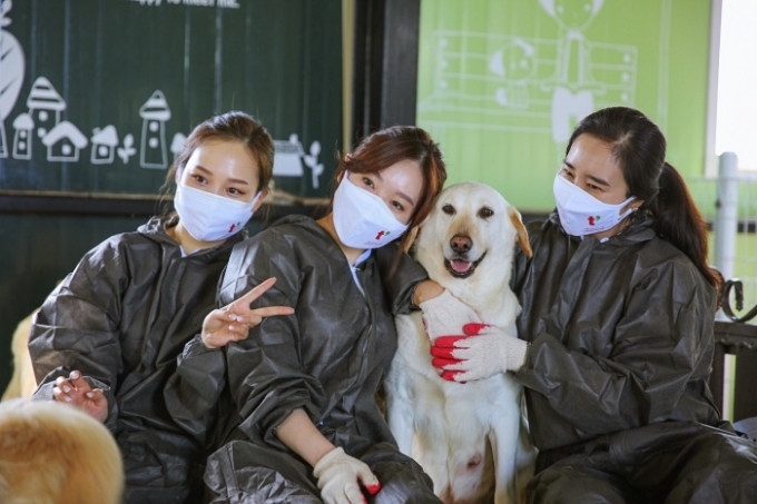 티웨이항공은 별도 제작한 휴대폰 케이스 판매 수익금을 보호소에 같이 기부하고 청소 봉사활동을 진행하는 행사를 지난 30일 진행했다. /사진제공=티웨이항공