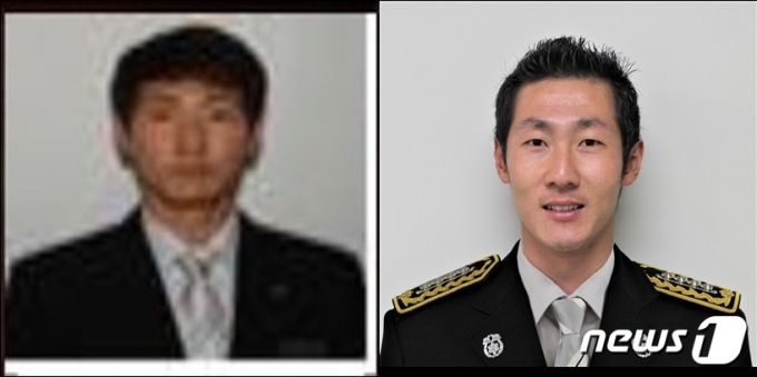 지난 23일 뉴스1이 지적했을 당시 순직소방관추모관에 올라와 있던 고(故) 김범석 소방장의 사진(왼쪽)과 28일 수정된 사진(오른쪽) © 뉴스1