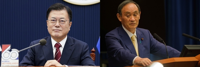 일본이 지난 13일 방위백서에 독도 영유권을 미해결 상태라고 기술하면서 문재인 대통령의 방일은 더욱 어려워졌다. 사진은 문 대통령(왼쪽)과 스가 요시히데 일본 총리의 모습. /사진=뉴스1,로이터