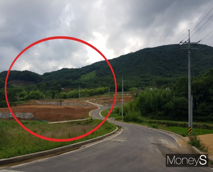 부동산 개발업자 A씨가 조성한 산청군 단성면 입석리 1317번지 인근 임야와 과수원등을 포함한 8400평(빨강색 원안) 부지에 논란이 일고 있는 진입도로가 연결돼 있다./사진=머니S 임승제 기자.﻿