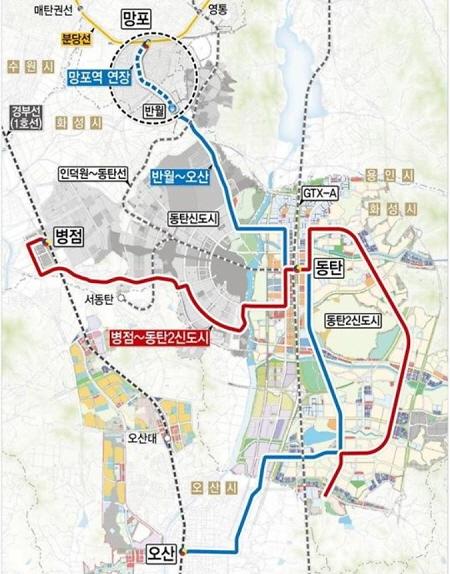오는 2024년 착공해 2027년 완공될 것으로 전망되는 동탄도시철도 예상 노선도 모습. / 사진제공=화성시 