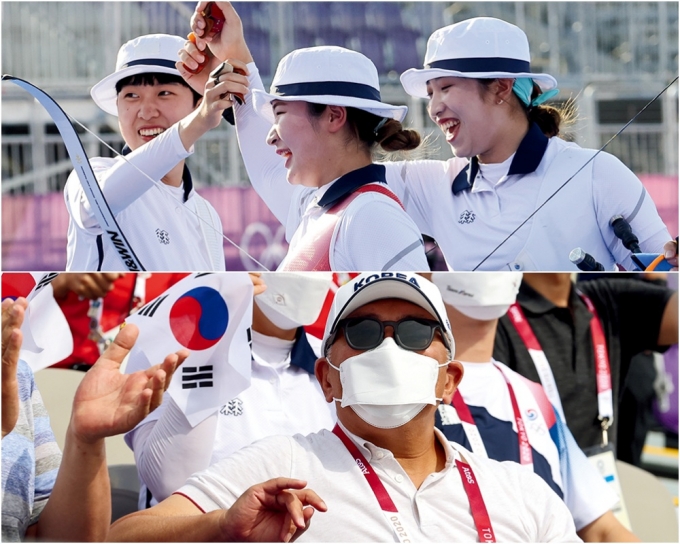 정의선(51) 대한양궁협회장의 따뜻한 스킨십이 주목받고 있다. 사진 위 왼쪽이 안산 선수. 아래는 정의선 회장. /사진=뉴스1 DB