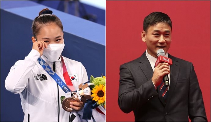 여서정(왼쪽)이 지난 1일 열린 2020도쿄올림픽 여자체조 도마에서 동메달을 획득했다. 이로써 한국 여자체조 역사상 첫 올림픽 메달리스트이자 아버지인 전 기계체조 선수 여홍철과 함께 최초의 부녀 올림픽 메달리스트가 됐다. /사진=뉴스1, 뉴시스