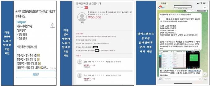 스팸문자 전송을 위한 알바생 모집 및 지시 화면. /사진제공=KISA