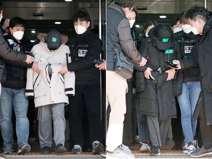 13일 수원지법 제15형사부(조휴옥 부장판사)가 10살 조카를 학대해 숨지게 한 혐의로 기소된 이모 부부에게 각각 징역 30년과 12년을 선고했다. 사진은 지난 2월17일 경기도 용인동부경찰서에서 검찰 송치를 위해 호송되는 부부 모습. /사진=뉴스1
