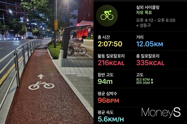 기자는 2시간 동안 총 12km 거리를 자전거로 이동하면서 자전거 도로를 취재했다. 사진은 자전거 도로의 모습과 애플워치에 기록된 자전거 이용 거리와 시간. /사진=서지은 기자