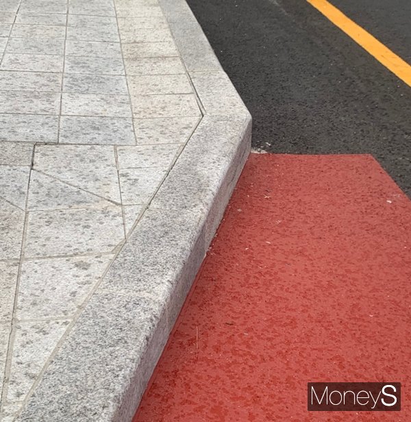 자전거도로가 없거나 턱이 높아 올라가기 어려운 경우도 있었다. 사진은 차도에서 자전거도로로 올라가는 경우 높은 턱의 모습. /사진=서지은 기자 