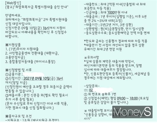 국민지원금 지급을 앞두고 정부 지원 금융 등을 사칭한 문자 피싱이 기승을 부리고 있다. 해당 사진은 문자 피싱 일부./사진=독자 제보