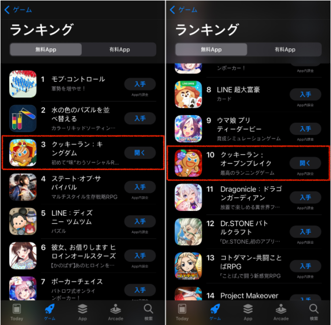 지난 6일 일본 애플 앱스토어 인기 게임 순위에서 '쿠키런: 킹덤'은 3위, '쿠키런: 오븐브레이크'는 10위를 기록하고 있다./사진=데브시스터즈