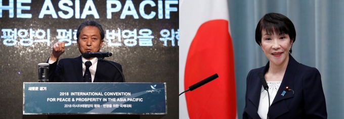하토야마 유키오 전 일본 총리(왼쪽)가 다카이치 사나에 전 자민당 총무상(오른쪽)이 후임 총리로 급부상하는 상황을 우려했다. /사진=로이터