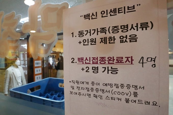 지난 6일부터 백신 접종 완료자들에 대한 인센티브가 제공되면서 접종 증명 방법에 대한 관심이 쏠린다. 사진은 지난 7일 서울 한 식당에 게재된 백신 접종 인센티브 안내문. /사진=뉴스1