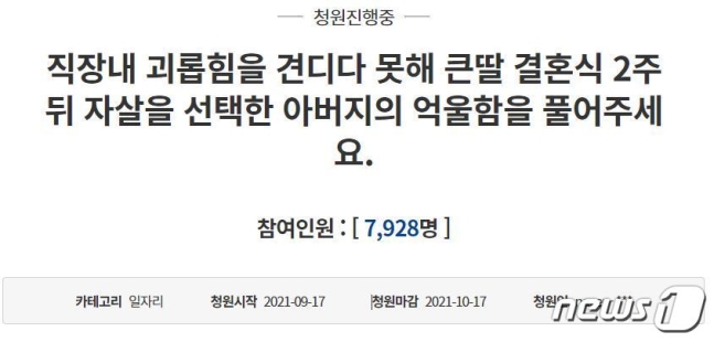 극단적 선택을 한 50대 부친의 억울함을 호소하는 청와대 국민청원./사진=뉴스1 
