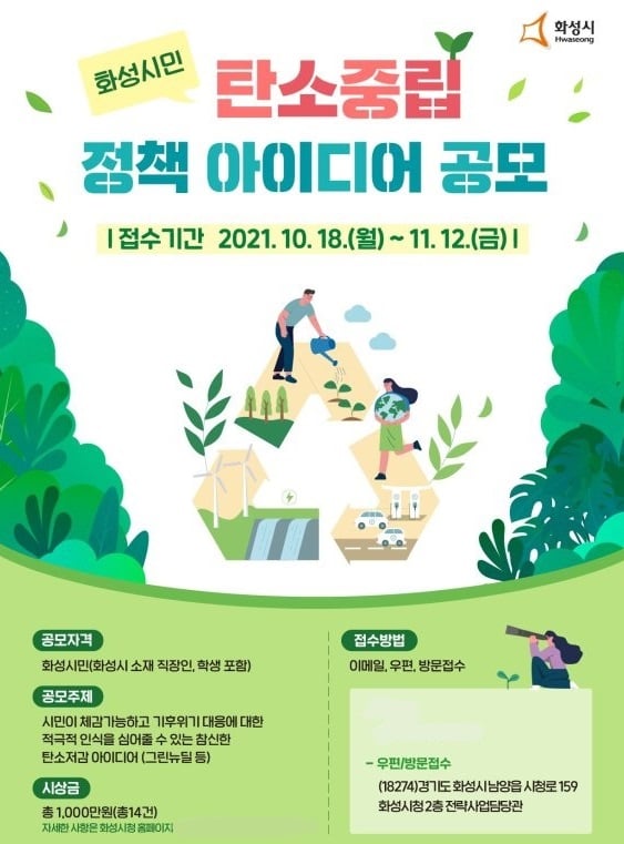화성시는 시민과 함께 기후위기에 대한 공감대를 형성하고 참신한 탄소저감 사업을 발굴하기 위한 ‘화성시민 탄소중립 정책 아이디어 공모전’을 개최한다고 18일 밝혔다. / 사진제공=화성시