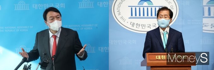 국민의힘 양강 주자 윤석열 전 검찰총장(왼쪽)과 홍준표 의원(국민의힘·대구 수성구을)이 경쟁적으로 캠프 확장에 주력하고 있다. /사진=임한별, 장동규 기자   