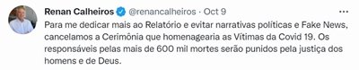 지난 9일(이하 현지시각)  레난 칼레이로스 브라질 상원의원은 자신의 트위터에 "60만명 이상의 사망을 초래한 주범들은 정의의 이름으로 처벌받을 것"이라고 적었다. /사진=칼레이로스 상원의원 트위터 캡처