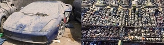 사진은 두바이 폐차장에 쌓여 있는 차(왼쪽)와 폐차장 모습. /사진=아르헨티나 매체 인포베 캡처