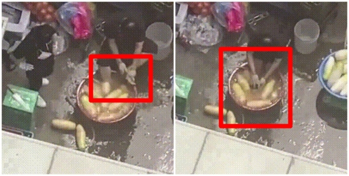 대야에 발을 담근 채로 무를 손질하던 남성이 찍힌 영상이 퍼져 해당 식당의 사장과 조리실장이 재판에 넘어갔다. /사진=커뮤니티 캡처