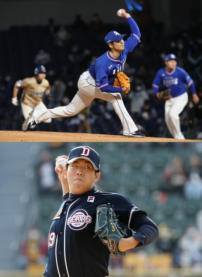 삼성 라이온즈 백정현(위)과 두산 베어스 김민규가 10일 오후 서울 잠실구장에서 열리는 2021 KBO 포스트시즌 플레이오프(PO) 2차전 선발 투수로 나선다. /사진=뉴스1