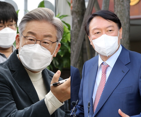 이재명 더불어민주당 대선 후보와 윤석열 국민의힘 대선 후보가 17일 각각 다른 행보를 보인다. 사진은 이재명 후보(왼쪽)와 윤석열 후보. /사진=뉴스1 