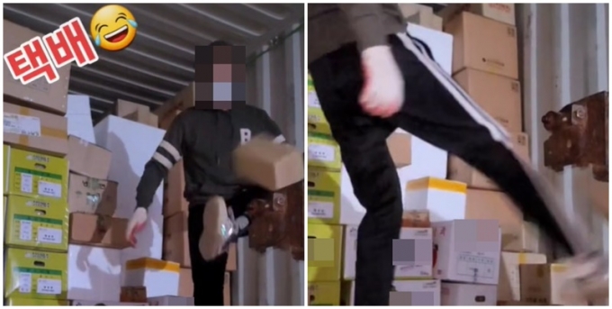 각종 커뮤니티에 한 외국인이 택배를 갖고 노는 모습을 담은 영상이 올라왔다. 사진은 한 외국인이 택배 작업장에서 택배를 발로 차는 모습. /사진=커뮤니티 캡처