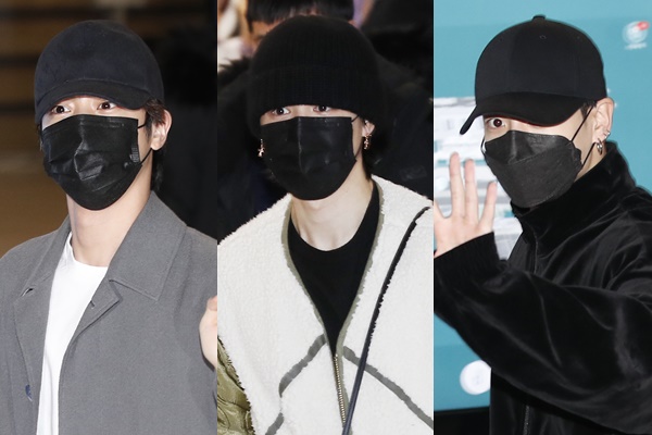그룹 방탄소년단(BTS) 진, 지민, 정국이 미국 로스앤젤레스(LA)에서 개최한 2년 만의 대면 콘서트를 마치고 6일 오전 인천국제공항 제2여객터미널을 통해 귀국했다. /사진=뉴스1