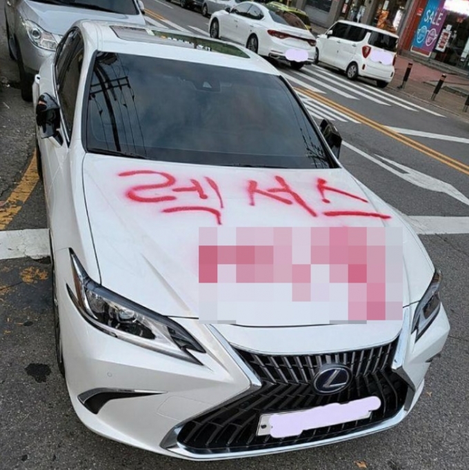 불법 주차한 일본산 브랜드 차량에 스프레이를 뿌린 사진이 커뮤니티에 올라와 누리꾼들이 의견을 내놓았다. 사진은 해당 차량이 당한 스프레이 테러. /사진=보배드림 캡처