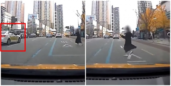 1차로를 달리는 택시에 타려고 도로로 뛰어든 보행자와 차량이 부딪혔다. 보험사가 차량에게 더 큰 책임이 있다고 말해 차량 운전자는 억울함을 호소했다. 사진은 1차로에 있는 택시를 타려고 도로에 뛰어든 보행자 모습. /사진=한문철 TV 캡처