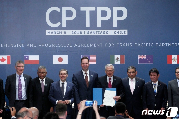 포괄적·점진적 환태평양동반자협정(CPTPP) 11개 회원국 통상장관들이 지난 2018년3월8일 CPTPP 명명식에 참석해 합의 내용을 발표하고 있다. © AFP=뉴스1