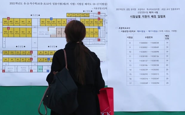 초등 임용시험 문제가 일부 사전 유출됐다는 의혹이 제기되고 있다. 사진은 지난해 1월13일 오전 서울 동작구 서울공업고등학교에서 열린 2021학년도 서울특별시 공립 유치원·초등학교·특수학교(유치원 ·초등) 교사 임용후보자 선정경쟁 제2차 시험에서 응시생들이 배치표를 살펴보는 모습. /사진=뉴스1