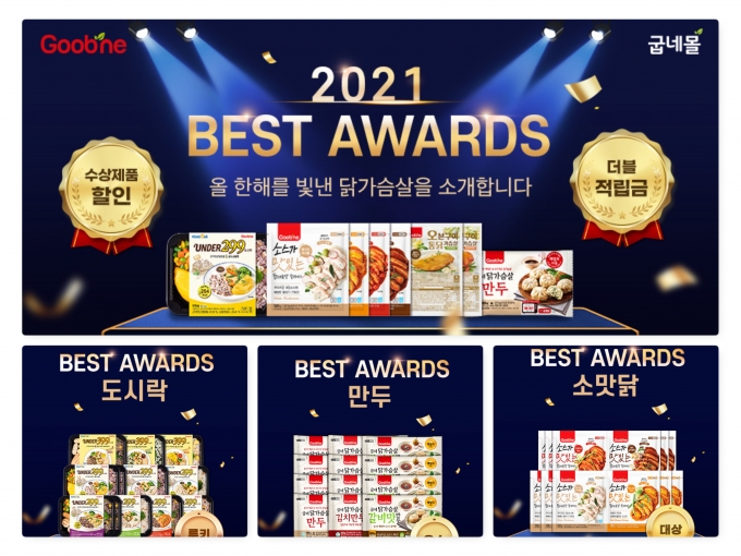 닭가슴살 착한쇼핑 굽네몰(대표 박상면)이 연말을 맞아 오는 31일까지 굽네몰 소비자가 직접 선정한 베스트 제품을 최대 58% 할인하는 ‘2021 베스트 어워즈’ 이벤트를 진행한다.(굽네몰 제공)