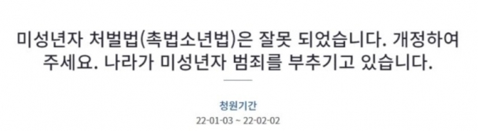 청와대 국민청원 게시판에 지난 3일 '미성년자 처벌법은 잘못됐습니다. 나라가 미성년자 범죄를 부추기고 있습니다'라는 청원이 올라왔다. 청원인은 초등학생들이 물건을 훔쳤지만 부모들이 변상을 제대로 하지 않으려 한다고 적었다. /사진=청와대 청원 게시판