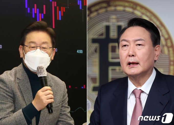 이재명 더불어민주당 대선 후보가 19일 서울 강남구 업비트라운지에서 열린 가상자산 거래소 현장 간담회에서 인사말을 하고 있다. (오른쪽 사진) 같은 날 윤석열 국민의힘 대선 후보가 여의도 당사에서 가상자산 개미투자자 안심투자 정책 공약을 발표하고 있다. 2022.1.19/뉴스1