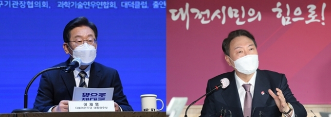 여론조사 전문업체 리얼미터가 오마이뉴스 의뢰로 지난 16~21일 전국 만 18세 이상 3046명을 대상으로 차기 대선 후보 지지도를 물은 결과 윤석열 국민의힘 대선 후보가 이재명 더불어민주당 대선후보를 오차범위 밖에서 앞서는 것으로 나타났다. 사진은 이 후보(왼쪽)와 윤 후보. /사진=뉴스1