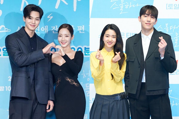 사진은 JTBC '기상청 사람들' 제작발표회에 참석한 배우 송강과 박민영,tvN '스물다섯 스물하나' 제작발표회에 참석한 김태리와 남주혁. /사진=jtbc,tvN 제공