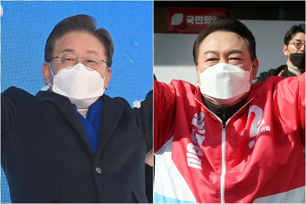 여야당 대선 후보들이 유세 과정에서 서로 다른 의상 전략을 보이고 있다. 사진은 유세 현장에서 지지를 호소하는 이재명 더불어민주당 대선 후보(왼쪽)와 윤석열 국민의힘 대선 후보. /사진=뉴스1