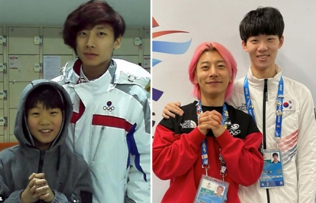 올림픽 쇼트트랙 대표팀 맏형 곽윤기(33)가 지난 16일(한국시각) 자신의 인스타그램을 통해 팀 막내 이준서(22)과의 인연을 공개했다. 사진은 이준서가 어렸을 때 곽윤기와 함께 있는 모습(왼쪽)과 대표팀 동료 선수로서 곽윤기와 함께 사진을 찍는 이준서 모습(오른쪽). /사진=곽윤기 인스타그램 캡처