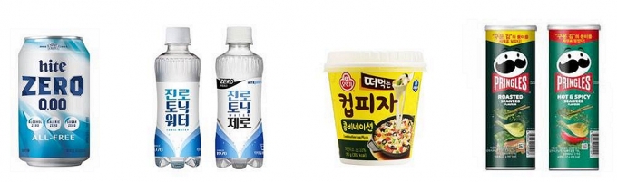 ▲ (왼쪽부터) 하이트진로음료 ‘하이트제로0.00’, ‘진로토닉워터’, ‘진로토닉워터 제로’, 오뚜기 ‘떠먹는 컵피자 콤비네이션’, 프링글스 ‘구운 김 맛’ 2종 (각사 제공)
