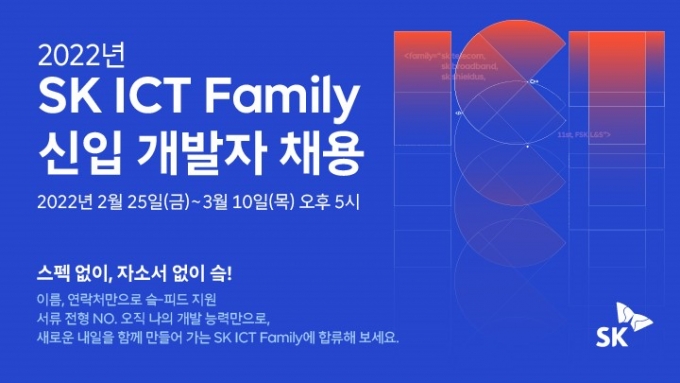 SK텔레콤은 SK브로드밴드, SK쉴더스, 11번가, FSK L&S 등 SK ICT 패밀리社와 함께 경력 3년 미만의 신입 개발자를 채용한다고 25일 밝혔다. /사진=SK텔레콤