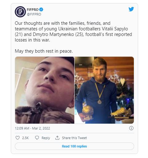 국제축구선수협회(FIFPRO)는 2일(한국시각) 공식 트위터를 통해 우크라이나 축구선수 비탈리 사필로와 드미트로 마르티넨코의 사망 소식을 전했다. /사진=FIFPRO 공식 트위터