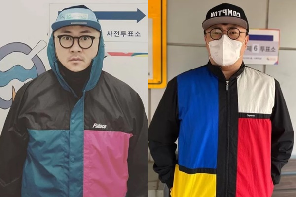  래퍼 데프콘(본명 유대준)이 '제19대 대통령선거'에 이어 '제20대 대통령선거'에서도 정치색을 드러내지 않은 패션으로 눈길을 끌었다. 사진은 19대 대선 투표 인증샷을 남긴 데프콘과 20대 대선투표장에 참석한 데프콘.  /사진=데프콘 인스타그램